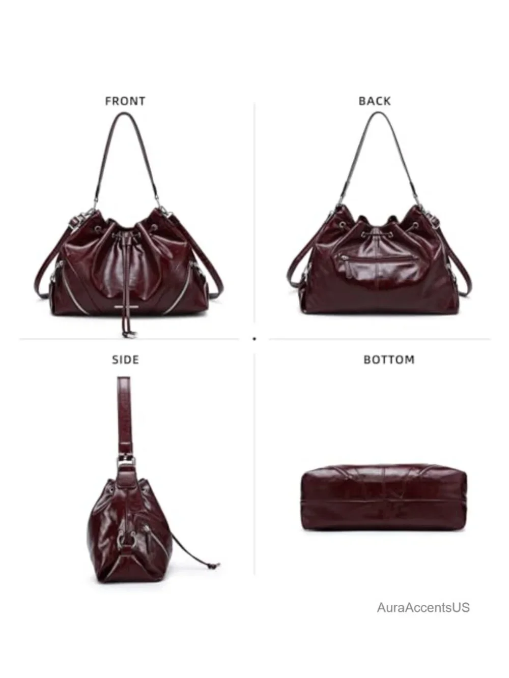 Vegan Leather Hobo Drawstring Bucket Tote Bag with 7 Pockets